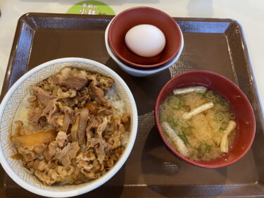 すき家 高崎IC店 で 牛丼（並）たまごセット を食す。高崎市島野町、関越自動車道高崎ICそばで営業。