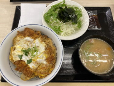 かつや 前橋元総社店 で カツ丼（梅）とん汁サラダセットを食す。前橋市元総社町、国道17号線沿いで営業。