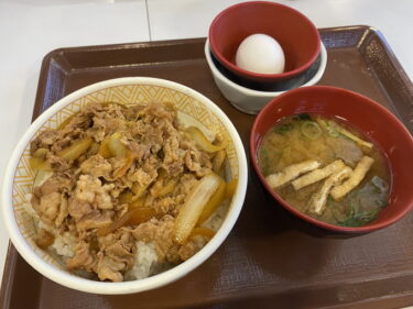 すき家 前橋堀越店 で 牛丼（並）みそ汁たまごセット を食す。前橋市樋越町、樋越町南交差点北で営業。