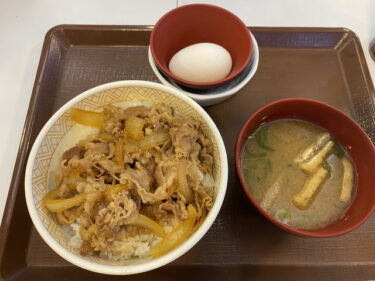 すき家 前橋堀越店 で 牛丼（並）たまごセット を食す。前橋市堀越町、堀越町南交差点そばで営業。